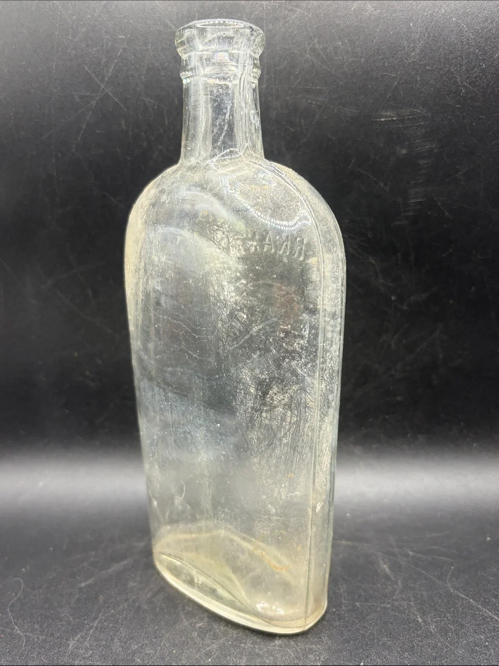 Antique WARRANTED Embossed Glass Flask Bottle Collectible Vessel Americana Decor